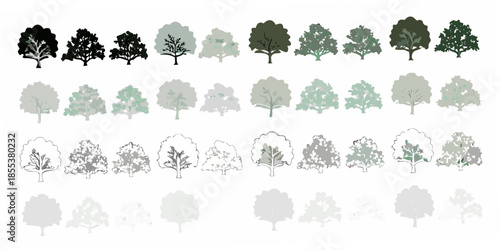 Collection of various tree silhouettes and shapes in different shades of green