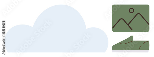 Cloud with minimalist image and shoe illustrations symbolizing storage, technology, creativity, innovation, organization, mobility, accessibility. Ideal for tech lifestyle design. Simple flat