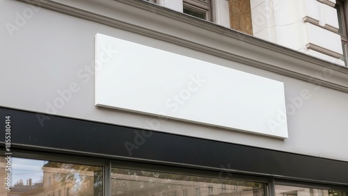 Modern building facade featuring a blank sign on an architectural wall with a minimalist frame design and empty space for art or a picture board decoration