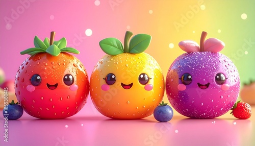 Adorable kawaii fruit characters smiling happily against a soft pastel gradient background, perfect for playful designs