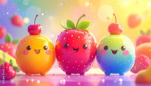 Charming and colorful fruit characters depicted in a whimsical style with sweet expressions and soft gradient textures, evoking joy and delight
