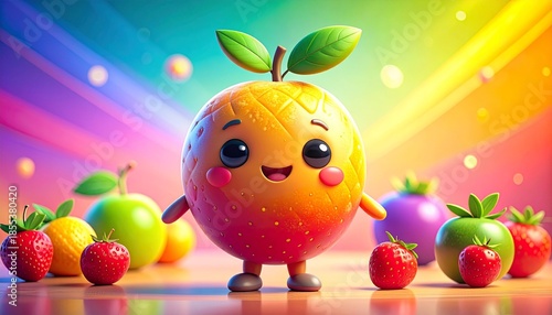 Adorable cartoon orange character with a cheerful smile, surrounded by fresh fruits, set against a vibrant rainbow gradient background