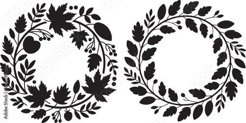 Autumn leaves berry wreath silhouette decorative border frame circular arrangement
