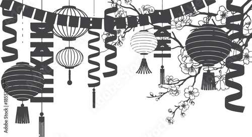Lunar new year festive background with hanging lanterns paper streamers and cherry blossom