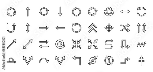 Arrow line icon set. Vector pictograms of refresh, sync, recycle, loop, direction, pointer, shuffle, cursor, exchange and transfer. Thin outline illustration.