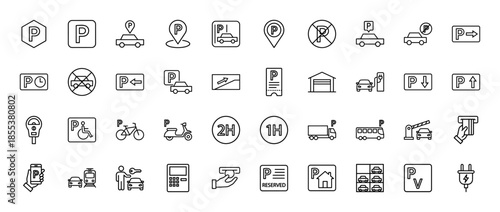 Parking and transportation line icon set. Vector pictograms of car, garage, meter, valet, disabled zone, payment, electric charging, thin outline illustration.