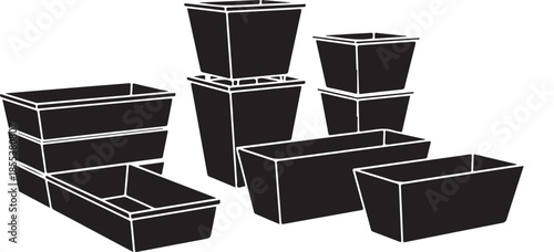 Plastic storage container set with different sizes of black organizer bins for household