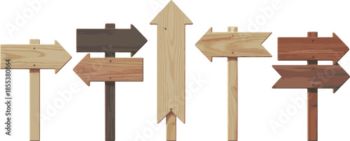 Wooden signpost collection with blank timber arrows and direction boards for navigation