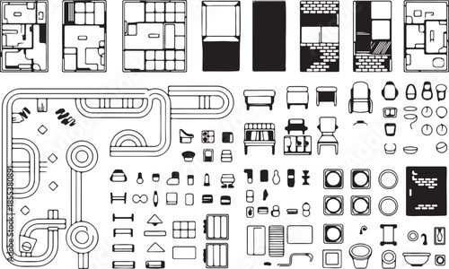 Collection of black and white interior plan elements including furniture and architectural components