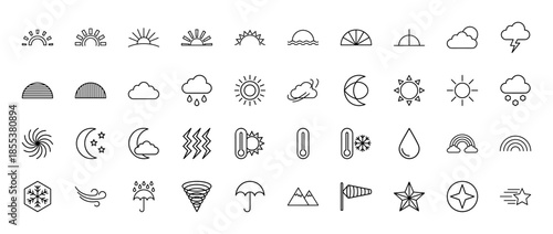 Weather line icon set. Vector pictograms of sun, cloud, rain, snow, lightning, thermometer, moon, rainbow and umbrella, thin outline illustration.