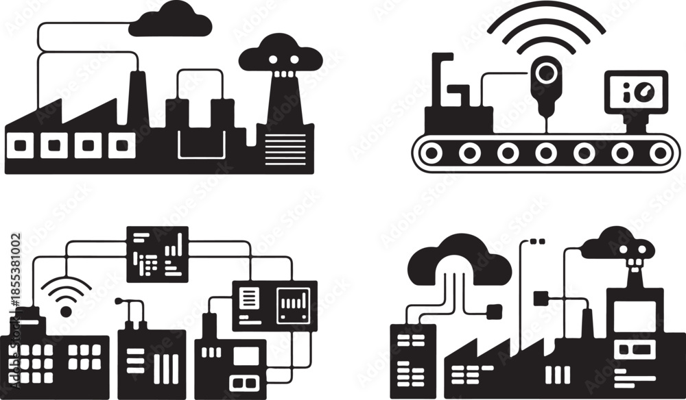 Fototapeta premium Smart factory industry automation icons with robotic assembly lines and cloud computing