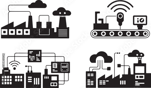 Smart factory industry automation icons with robotic assembly lines and cloud computing