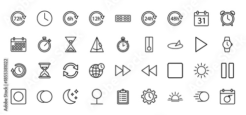 Time and schedule line icon set. Vector pictograms of clock, watch, hourglass, stopwatch, calendar, alarm, sun, moon, play, pause buttons, thin outline illustration.