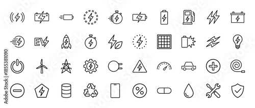 Energy and electricity line icon set. Vector pictograms of battery, lightning, electric car, plug, turbine, pump, lightbulb, gauge, shield and gear, outline illustration.