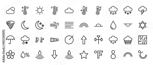 Weather line icon set. Vector pictograms of sun, cloud, rain, snow, thermometer, wind, moon, lightning, umbrella, tornado, thin outline illustration.