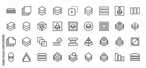 Layers and layout line icon set. Vector pictograms of stack, pile, database, hierarchy, arrange, sort, level, tier, overlay and surface. Thin outline illustration.