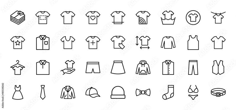 Fototapeta premium Clothing and fashion apparel line icon set. Vector pictograms of shirt, dress, jacket, hoodie, pants, skirt, shorts, sock, tie and accessories, thin outline illustration.