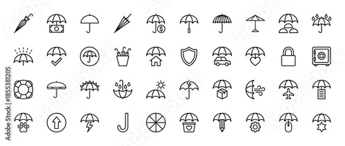 Insurance line icon set. Vector pictograms of umbrella, house, car, heart, lifebuoy, lock, safe, money, travel and health coverage, thin outline illustration.