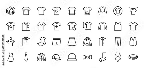 Clothing and fashion apparel line icon set. Vector pictograms of shirt, dress, jacket, hoodie, pants, skirt, shorts, sock, tie and accessories, thin outline illustration.