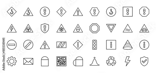 Traffic and warning line icon set. Vector pictograms of road signs, stop, yield, high voltage, hazard cone, information, gear and shield, thin outline illustration.