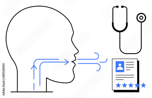 Outline of human head showing airflow, stethoscope, and rated patient record documents. Ideal for healthcare, respiratory health, diagnostics, medical reviews, telemedicine, patient care education