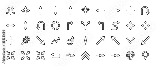 Directional arrow line icon set. Vector pictograms of pointers, cursors, next, back, upload, download, reload, loop, expand and navigation symbols, thin outline illustration.