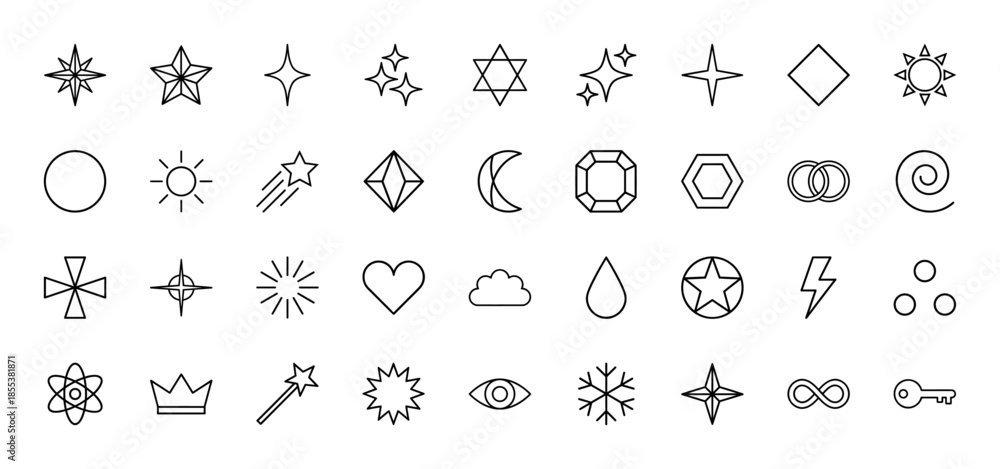 Fototapeta premium Magic and celestial line icon set. Vector pictograms of sparkles, stars, sun, moon, crystal, wand, crown, eye, heart and geometric shapes, thin outline illustration.