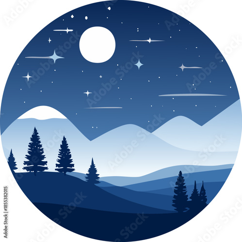 Landscape vector illustration of a minimal night background with deep indigo tones, moon, and stars. Generative AI