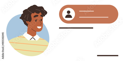 Portrait of a smiling person next to a profile card with name placeholder, minimalist design. Ideal for personal identity, social media, user profile, networking, communication, professionalism