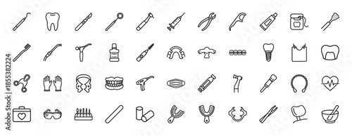 Dental line icon set. Vector pictograms of tooth, drill, mirror, brush, braces, implant, mask, floss, syringe, thin outline illustration.