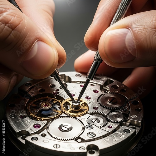 Detailed watchmaking with intricate gears being serviced meticulously
