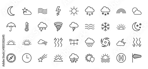 Weather and meteorology icon set. Vector pictograms of sun, clouds, moon, storm, snow, rain, wind, temperature, and tornado, black thin outline illustration.