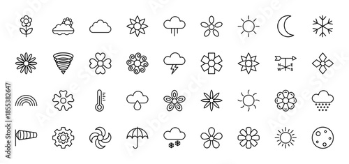 Weather and nature line icon set. Vector pictograms of flowers, sun, cloud, rain, thermometer, snowflake, moon, lightning, and wind, thin outline illustration.
