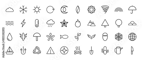 Nature and outdoors line icon set. Vector pictograms of weather, plants, animals, mountains, camping gear, and environment symbols, thin outline illustration.