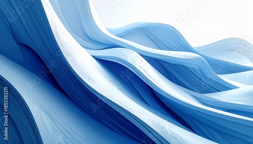 Abstract image features layered, flowing ribbons in shades of blue and white
