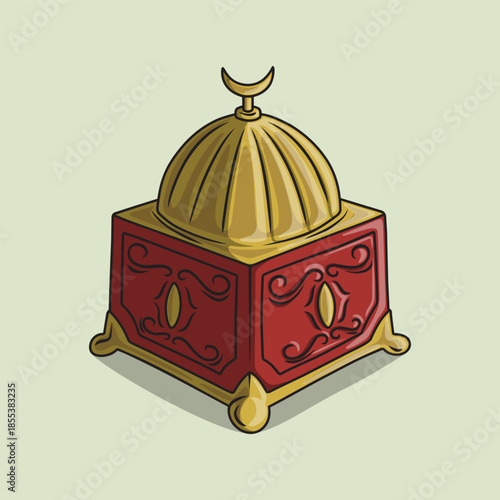 Illustration of a Red Bakhoor Incense Burner with a Golden Dome and a Crescent Moon on Top