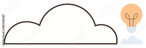 Minimalist cloud outline connected to a glowing light bulb. Ideal for creativity, innovation, cloud computing, sustainability, efficiency, inspiration, brainstorming. Simple flat metaphor