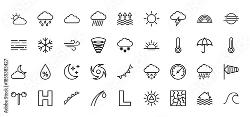 Weather line icon set. Vector pictograms of sun, cloud, rain, snow, wind, tornado, thermometer, moon, umbrella, storm and lightning, thin outline illustration.
