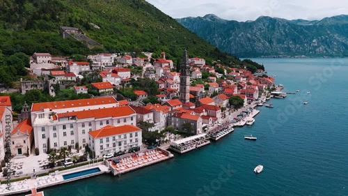Perast Town aerial view in Kotor Bay in Montenegro