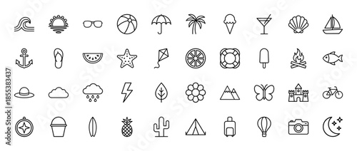 Summer and vacation line icon set. Vector pictograms of sun, beach, palm tree, umbrella, ice cream, cocktail, surfboard, camera, and suitcase, thin outline illustration.
