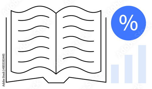 Knowledge concept. Open book with educational combined with statistical analysis elements, thumbs up a percentage icon and bar graph. Knowledge tools for research, data, education, business
