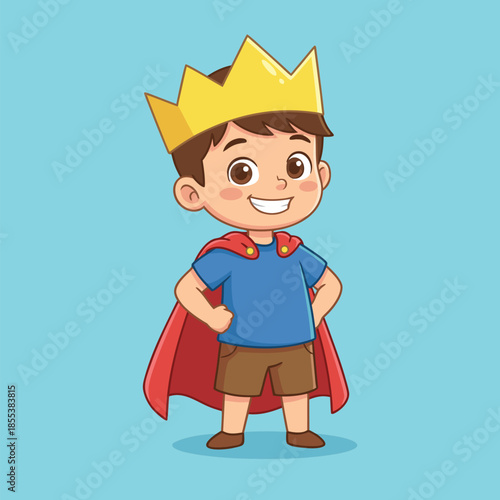 Cute cartoon boy wearing a crown and a red cape.