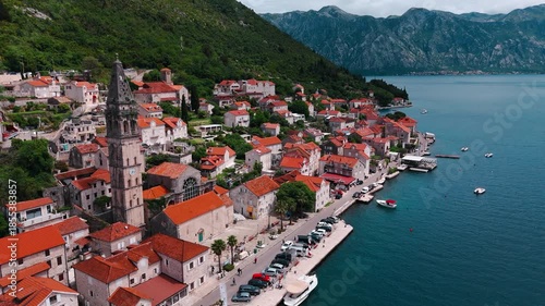 Perast Town aerial view in Kotor Bay in Montenegro