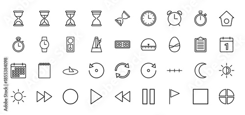 Time management line icon set. Vector pictograms of hourglass, clock, stopwatch, calendar, metronome, timeline and media player controls, thin outline illustration.