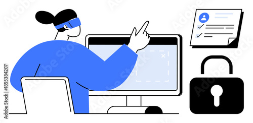 Individual reviews data on monitor, checklist documents, and padlock for privacy. Ideal for cybersecurity, data analysis, privacy protection, digital security, IT management, identity verification