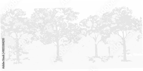 A grayscale depiction of several trees standing in a row