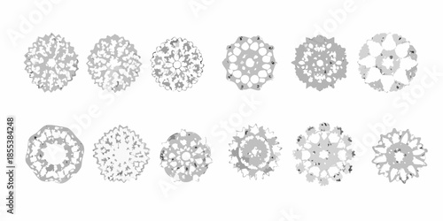 A collection of circular symmetrical grayscale patterns resembling doilies or snowflakes