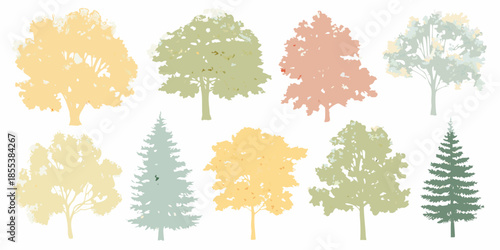 A collection of various stylized trees in different shapes and colors