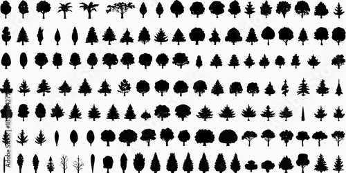 A large collection of diverse tree silhouettes arranged in a grid pattern
