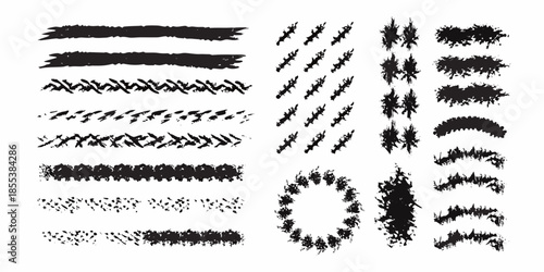Collection of various black brush stroke textures and abstract patterns